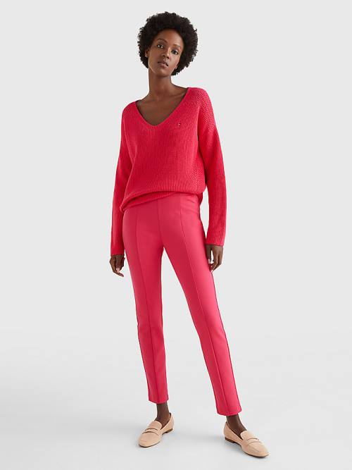 Tommy Hilfiger Contrast Knit Relaxed Fit V-Neck Jumper Kazak Kadın Pembe | TH074NYO