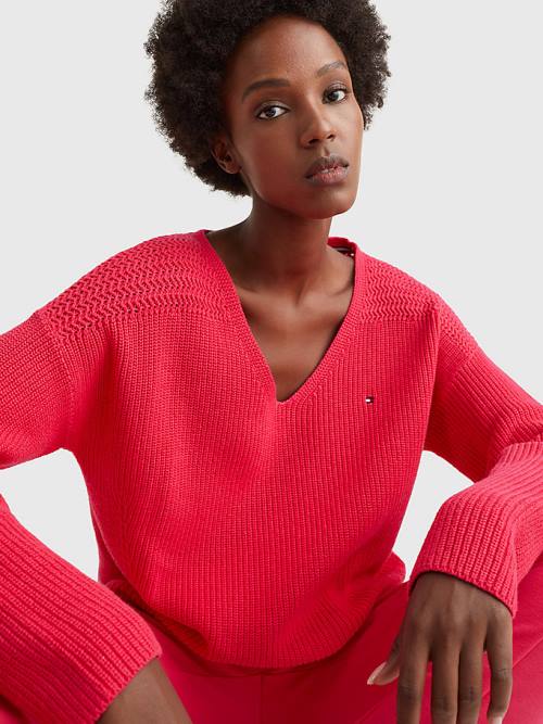 Tommy Hilfiger Contrast Knit Relaxed Fit V-Neck Jumper Kazak Kadın Pembe | TH074NYO