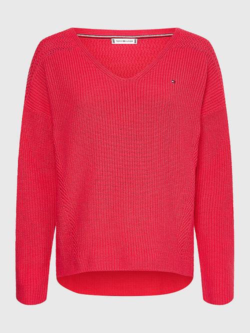 Tommy Hilfiger Contrast Knit Relaxed Fit V-Neck Jumper Kazak Kadın Pembe | TH074NYO