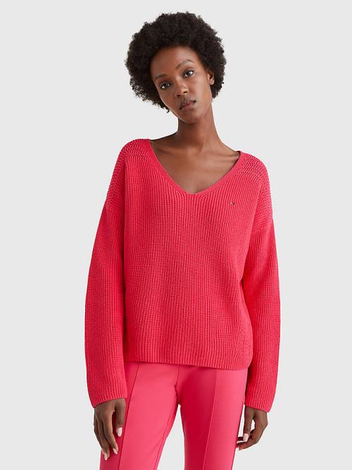 Tommy Hilfiger Contrast Knit Relaxed Fit V-Neck Jumper Kazak Kadın Pembe | TH074NYO