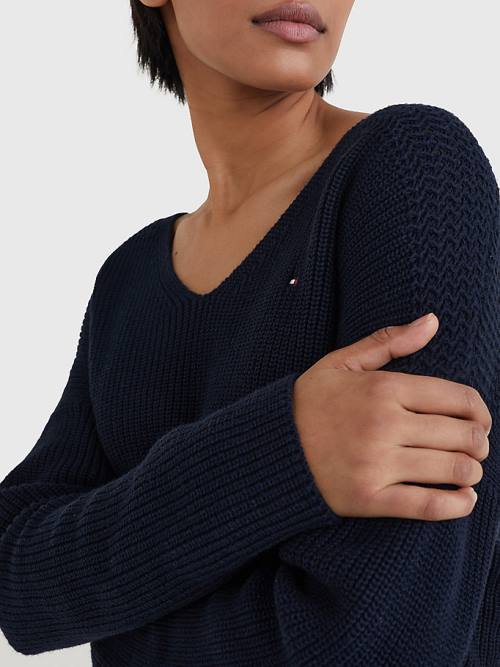 Tommy Hilfiger Contrast Knit Relaxed Fit V-Neck Jumper Kazak Kadın Mavi | TH189TLY