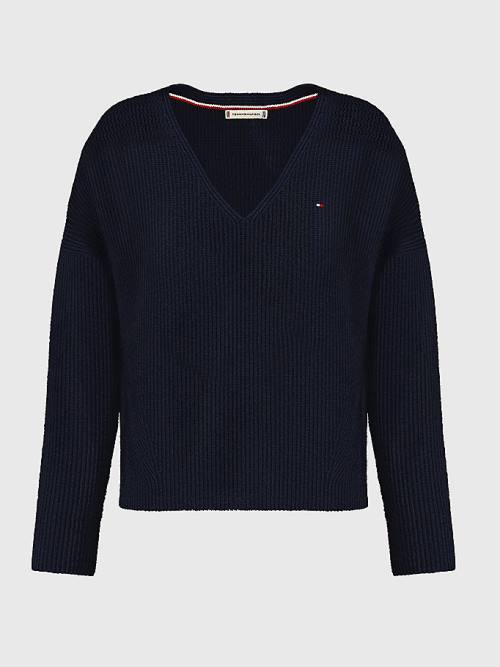 Tommy Hilfiger Contrast Knit Relaxed Fit V-Neck Jumper Kazak Kadın Mavi | TH189TLY