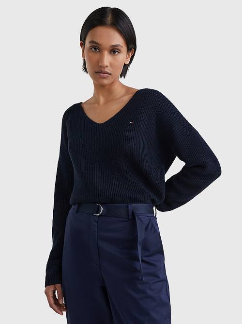 Tommy Hilfiger Contrast Knit Relaxed Fit V-Neck Jumper Kazak Kadın Mavi | TH189TLY