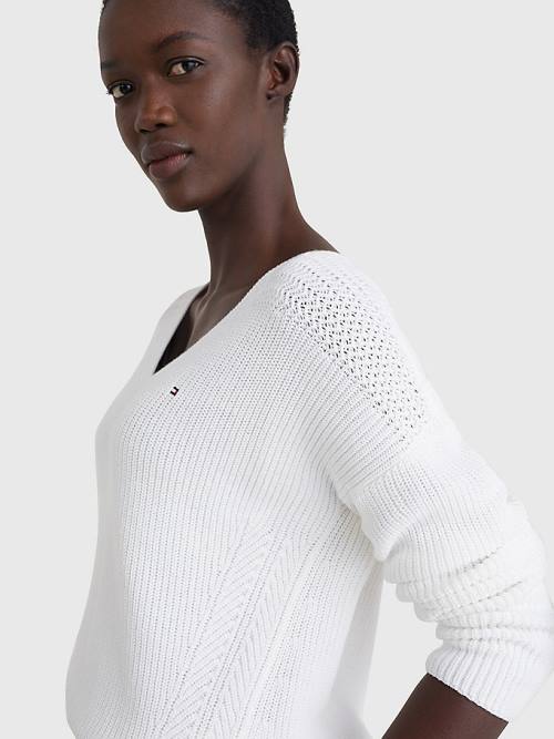 Tommy Hilfiger Contrast Knit Relaxed Fit V-Neck Jumper Kazak Kadın Beyaz | TH590YTU