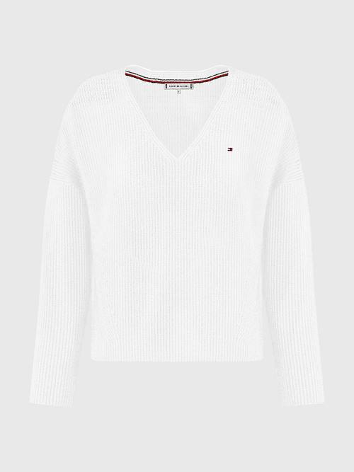 Tommy Hilfiger Contrast Knit Relaxed Fit V-Neck Jumper Kazak Kadın Beyaz | TH590YTU