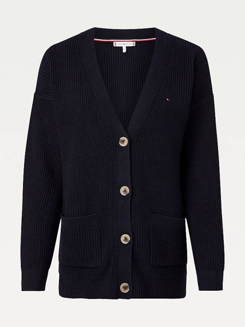 Tommy Hilfiger Contrast Knit V-Neck Cardigan Kazak Kadın Mavi | TH293UQF