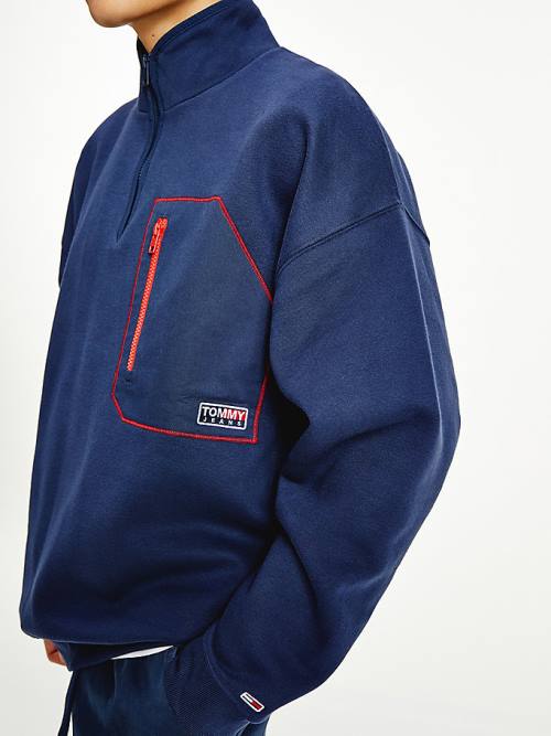 Tommy Hilfiger Contrast Pocket Half-Zip Sweatshirt Erkek Mavi | TH978DEH