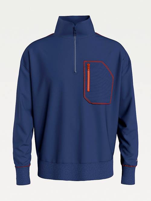 Tommy Hilfiger Contrast Pocket Half-Zip Sweatshirt Erkek Mavi | TH978DEH