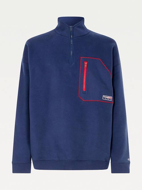 Tommy Hilfiger Contrast Pocket Half-Zip Sweatshirt Erkek Mavi | TH978DEH