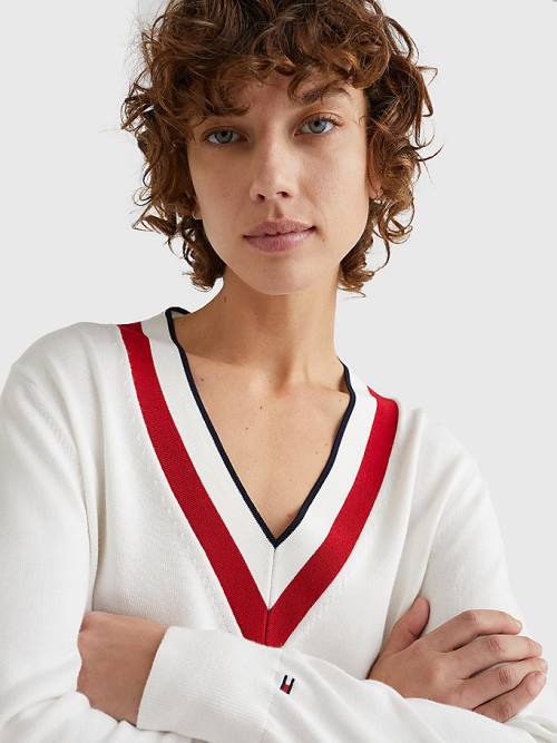 Tommy Hilfiger Contrast V Neck Jumper Kazak Kadın Beyaz | TH581TAI