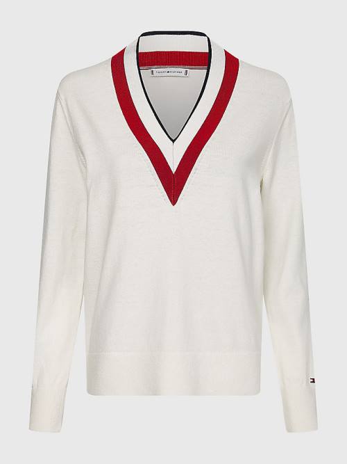 Tommy Hilfiger Contrast V Neck Jumper Kazak Kadın Beyaz | TH581TAI