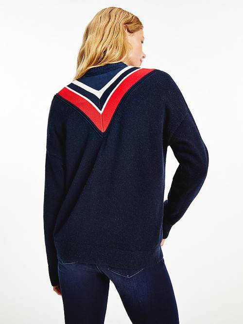 Tommy Hilfiger Contrast V-Neck Relaxed Fit Jumper Kazak Kadın Mavi | TH910UEY