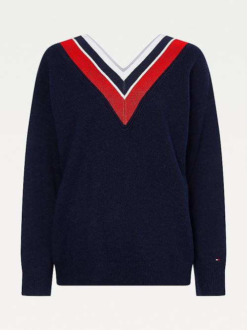 Tommy Hilfiger Contrast V-Neck Relaxed Fit Jumper Kazak Kadın Mavi | TH910UEY