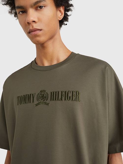 Tommy Hilfiger Crest Embroidery Organic Pamuklu Tişört Erkek Haki | TH146HDJ