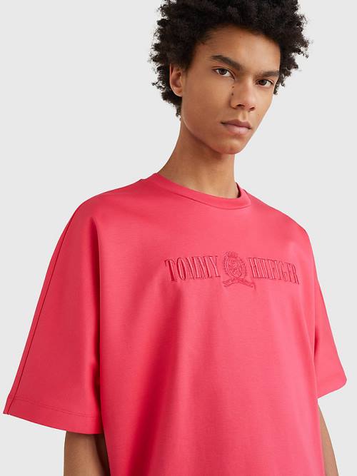 Tommy Hilfiger Crest Embroidery Organic Pamuklu Tişört Erkek Pembe | TH603OUK