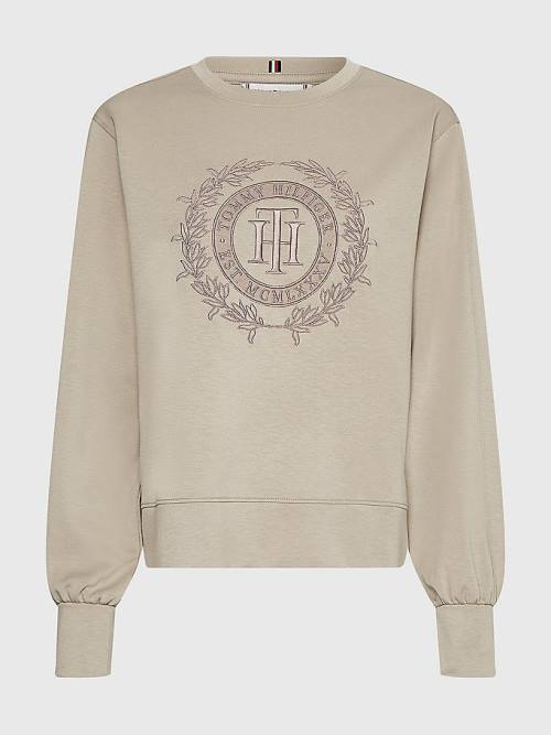 Tommy Hilfiger Crest Embroidery Relaxed Fit Sweatshirt Kadın Bej Rengi | TH231NIF