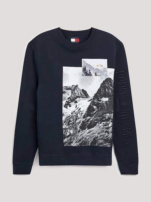 Tommy Hilfiger Crest Landscape Print Sweatshirt Erkek Mavi | TH980UIY