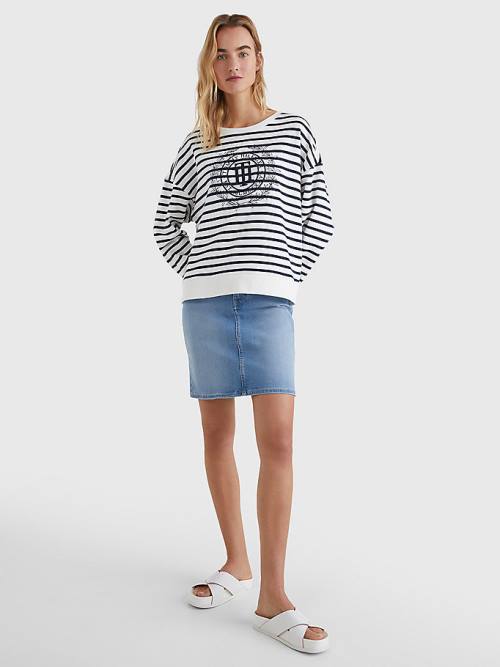 Tommy Hilfiger Crest Stripe Relaxed Sweatshirt Kadın Bej Rengi | TH436TGW