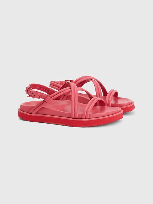 Tommy Hilfiger Crest Tokalı Deri Sandalet Kadın Pembe | TH630YUM