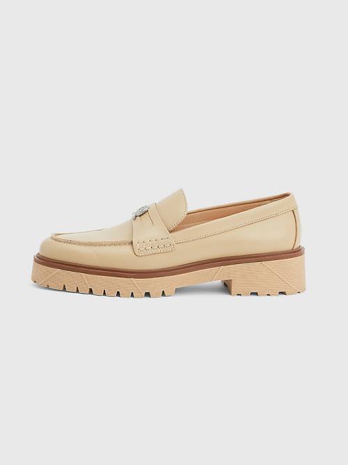 Tommy Hilfiger Crest Tıknaz Deri Loafers Elbise Ayakkabı Erkek Bej Rengi | TH203ALM