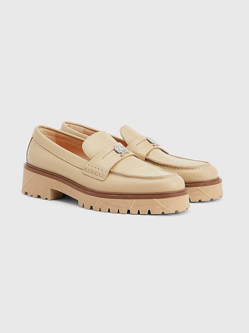 Tommy Hilfiger Crest Tıknaz Deri Loafers Elbise Ayakkabı Erkek Bej Rengi | TH203ALM