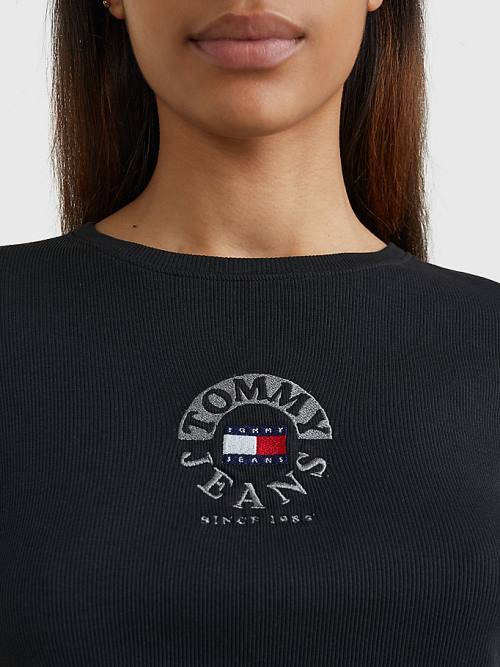 Tommy Hilfiger Cropped Logo Embroidery Long Sleeve Tişört Kadın Siyah | TH189QBD