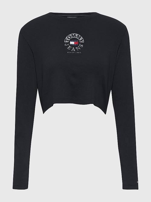 Tommy Hilfiger Cropped Logo Embroidery Long Sleeve Tişört Kadın Siyah | TH189QBD