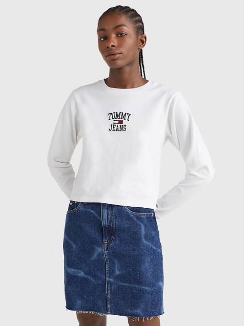 Tommy Hilfiger Cropped Logo Long Sleeve Tişört Kadın Beyaz | TH624BMG