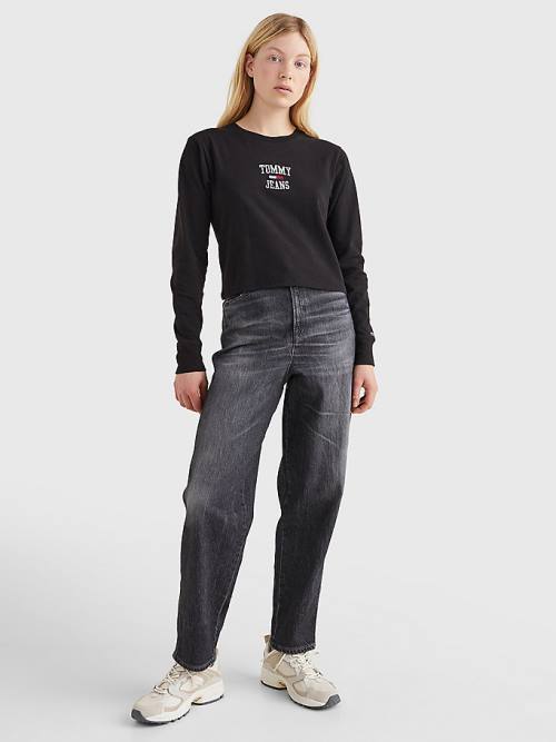 Tommy Hilfiger Cropped Logo Long Sleeve Tişört Kadın Siyah | TH718BDL