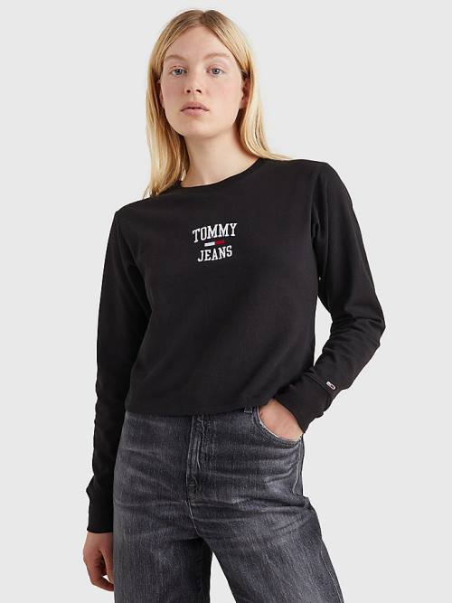 Tommy Hilfiger Cropped Logo Long Sleeve Tişört Kadın Siyah | TH718BDL