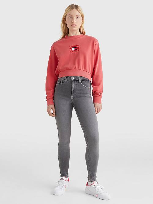 Tommy Hilfiger Cropped Logo Sweatshirt Kadın Kırmızı | TH970IGB