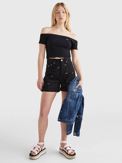 Tommy Hilfiger Cropped Off-The-Shoulder Tişört Kadın Siyah | TH013KSF