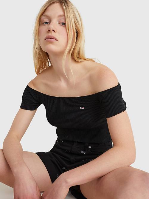 Tommy Hilfiger Cropped Off-The-Shoulder Tişört Kadın Siyah | TH013KSF