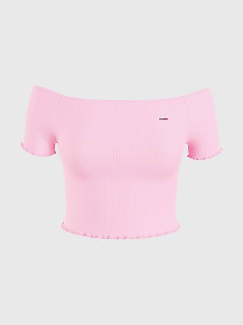 Tommy Hilfiger Cropped Off-The-Shoulder Tişört Kadın Pembe | TH439HYS