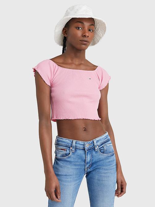 Tommy Hilfiger Cropped Off-The-Shoulder Tişört Kadın Pembe | TH439HYS