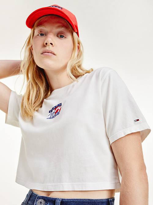 Tommy Hilfiger Cropped Pure Organic Pamuklu Logo Tişört Kadın Beyaz | TH019HNR