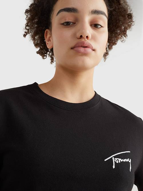 Tommy Hilfiger Cropped Signature Logo Tişört Kadın Siyah | TH906FYG