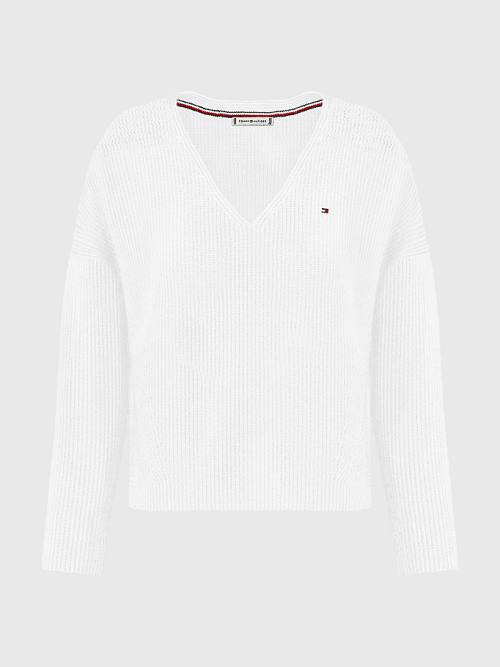 Tommy Hilfiger Curve Contrast Knit Relaxed Fit V-Neck Jumper Kazak Kadın Beyaz | TH138GQV