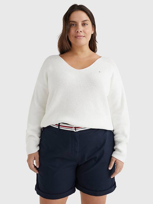 Tommy Hilfiger Curve Contrast Knit Relaxed Fit V-Neck Jumper Kazak Kadın Beyaz | TH138GQV