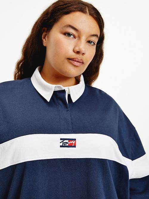 Tommy Hilfiger Curve Long Sleeve Stripe Rugby Shirt Polo Yaka Tişört Kadın Mavi | TH061QSJ