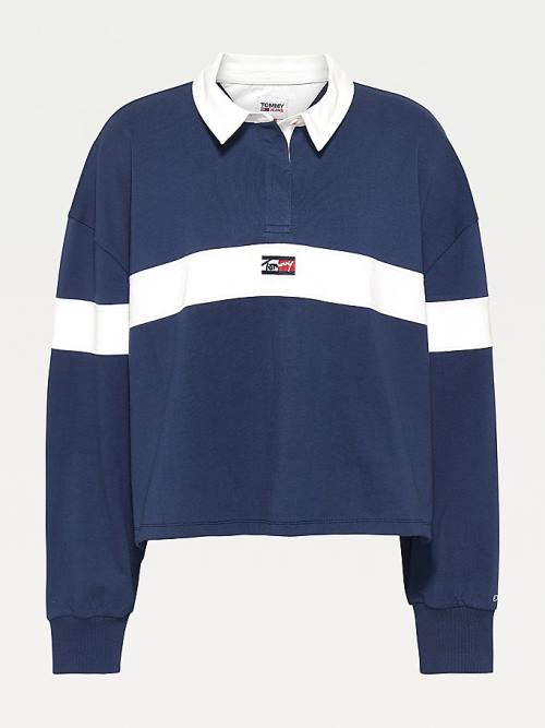 Tommy Hilfiger Curve Long Sleeve Stripe Rugby Shirt Polo Yaka Tişört Kadın Mavi | TH061QSJ