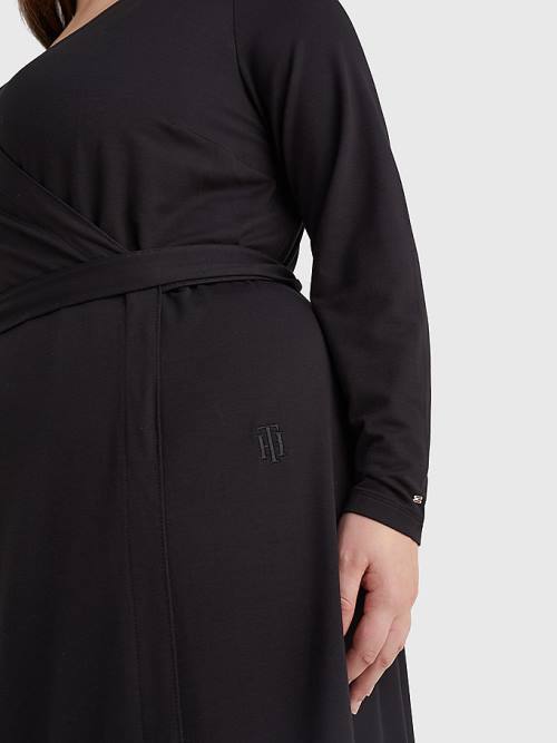 Tommy Hilfiger Curve Long Sleeve V-Neck Midi Wrap Elbise Kadın Siyah | TH328VND