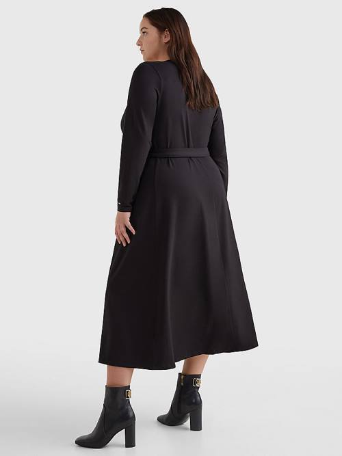 Tommy Hilfiger Curve Long Sleeve V-Neck Midi Wrap Elbise Kadın Siyah | TH328VND