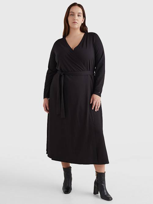 Tommy Hilfiger Curve Long Sleeve V-Neck Midi Wrap Elbise Kadın Siyah | TH328VND