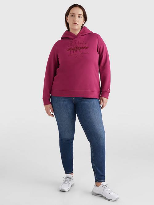 Tommy Hilfiger Curve Monogram Embroidery Regular Fit Kapüşonlu Sweatshirt Kadın Kırmızı | TH345MGC