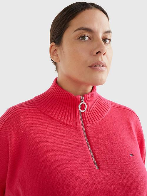 Tommy Hilfiger Curve Oversized Half-Zip High Neck Jumper Kazak Kadın Pembe | TH952TVP