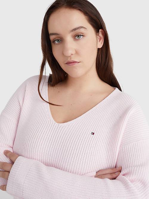 Tommy Hilfiger Curve Rib-Knit Organic Pamuklu Relaxed Fit Jumper Kazak Kadın Pembe | TH832VCO