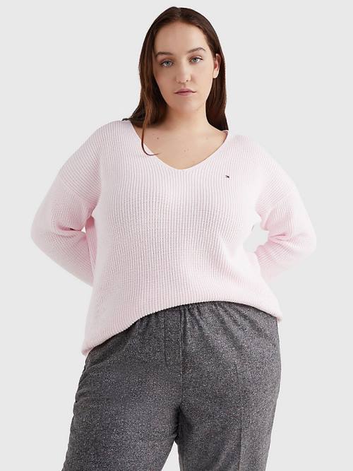 Tommy Hilfiger Curve Rib-Knit Organic Pamuklu Relaxed Fit Jumper Kazak Kadın Pembe | TH832VCO