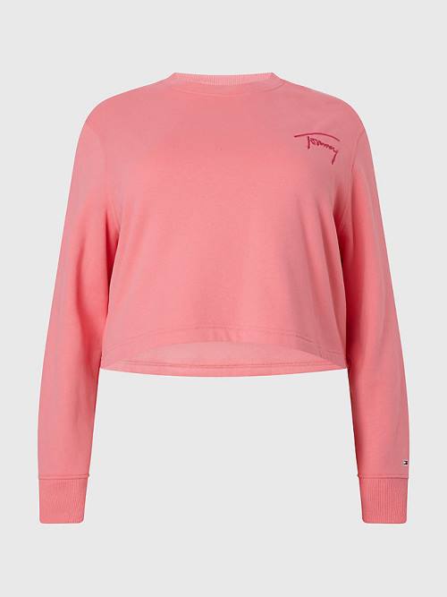 Tommy Hilfiger Curve Signature Fleece Sweatshirt Kadın Pembe | TH180MXS