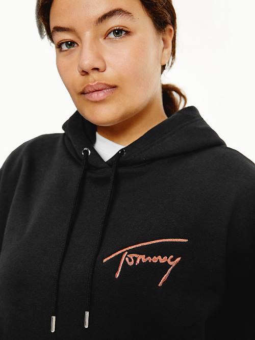 Tommy Hilfiger Curve Signature Logo Oversized Kapüşonlu Sweatshirt Kadın Siyah | TH915VWJ